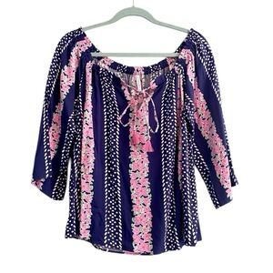 NWOT Southern Tide Floral Polka Dot Blue Pink Mackenzie Off Shoulder Blouse Sz M